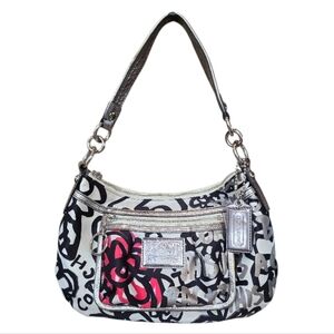 Coach Poppy Graffiti Floral Black White Hobo Shoulder Bag